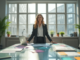 Femme confiante dans un bureau lumineux avec papiers et ordinateur