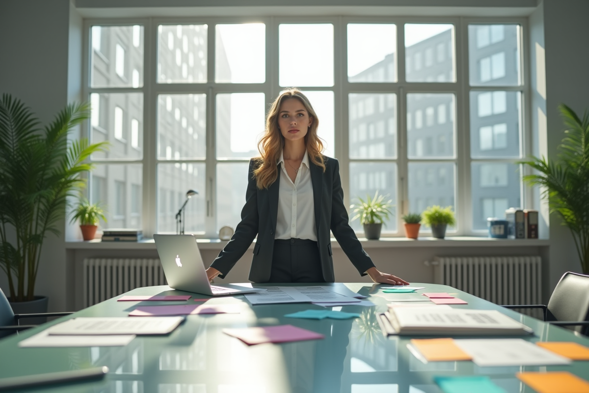 Femme confiante dans un bureau lumineux avec papiers et ordinateur