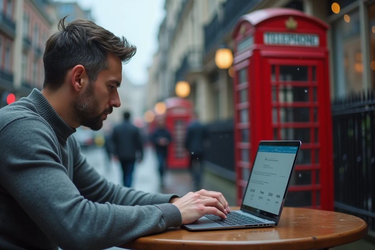 Homme consultant un ordinateur portable dans un café londonien avec une cabine téléphonique rouge en arrière-plan