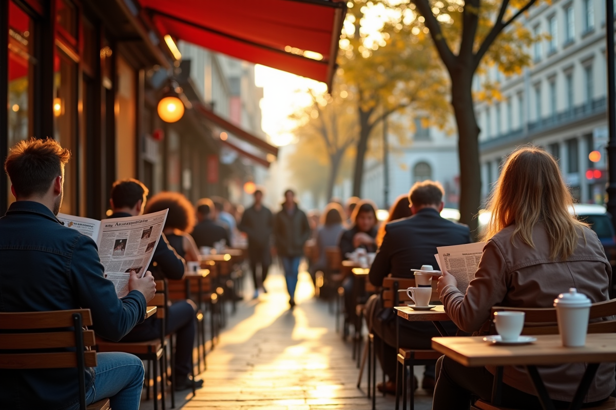 Café en ville avec des gens buvant du café le matin