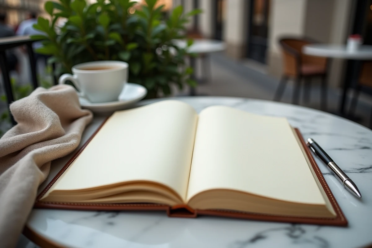 Carnet ouvert sur une table de café avec stylo et écharpe