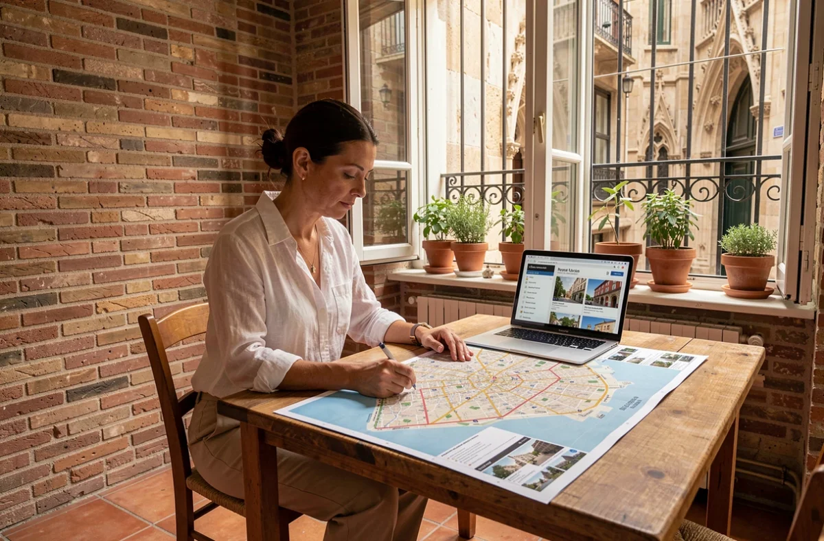 Femme consultant une carte des codes postaux de Barcelone pour l'achat d'un appartement