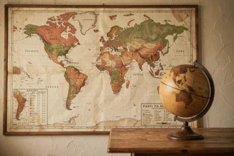 Carte du monde vintage accrochée au mur avec les pays hispanophones mis en valeur en couleurs terracotta, globe en bois ancien au premier plan
