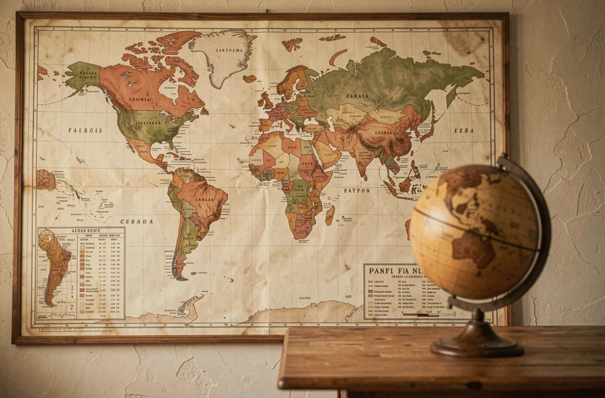 Carte du monde vintage accrochée au mur avec les pays hispanophones mis en valeur en couleurs terracotta, globe en bois ancien au premier plan