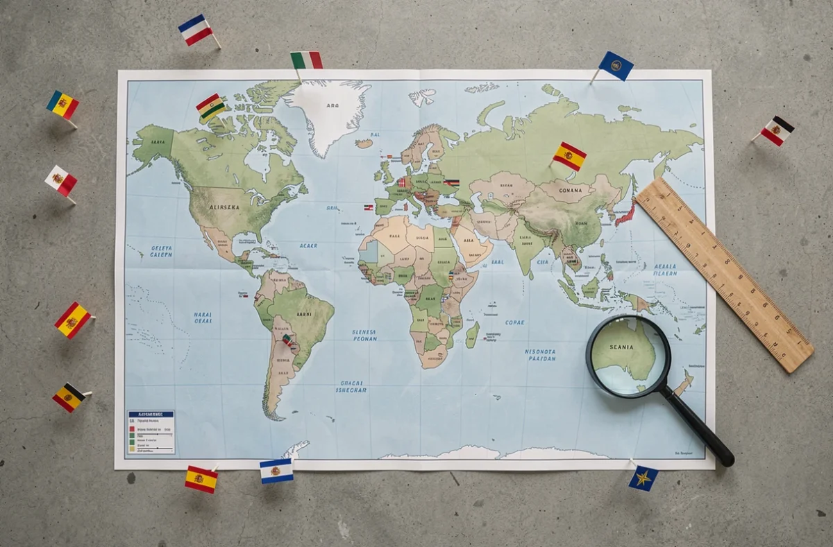 Vue aérienne d'une carte politique du monde avec des épingles de drapeaux marquant tous les pays hispanophones d'Amérique latine et d'Espagne