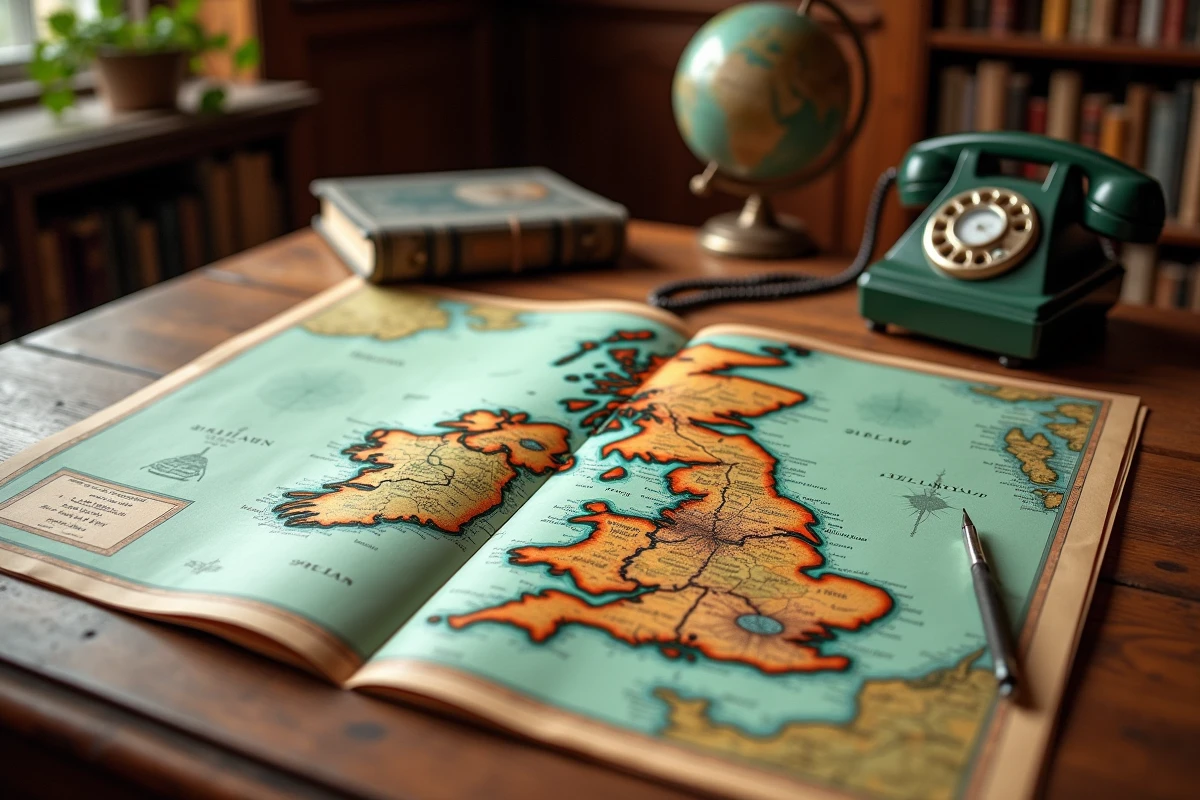 Carte du Royaume-Uni dépliée avec un téléphone vintage évoquant l'indicatif international +44
