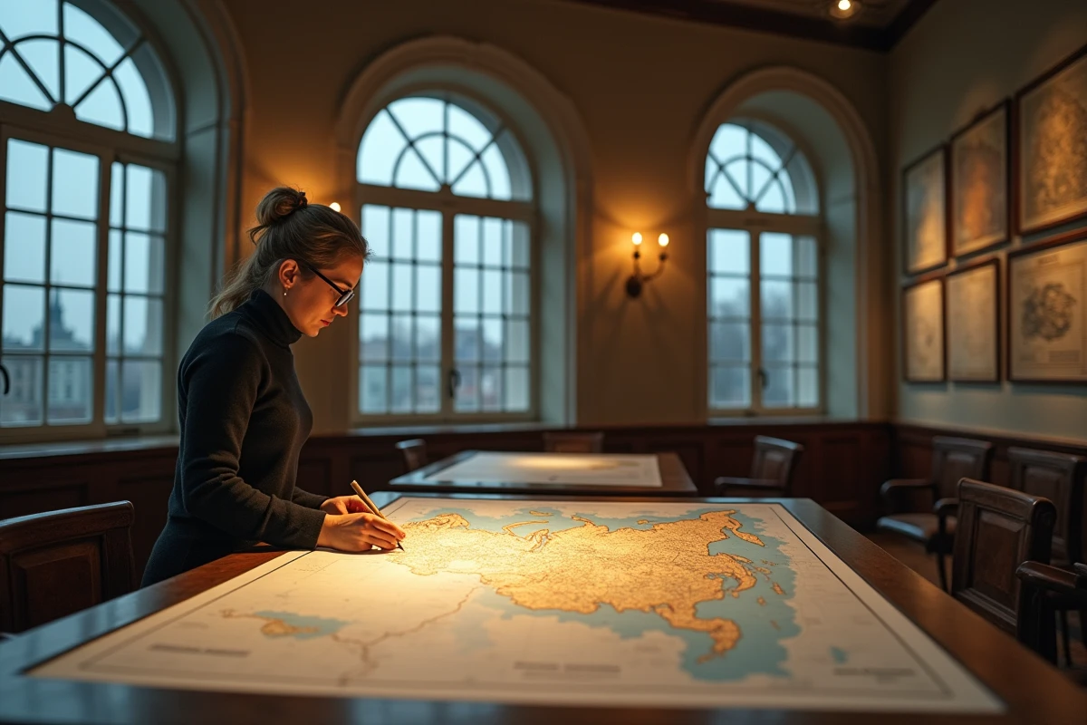 Cartographe étudiant une carte topographique détaillée de la Russie dans un institut soviétique de cartographie à Moscou