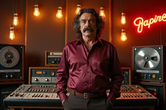 Homme au style des années 70 dans un studio d'enregistrement vintage avec matériel analogique