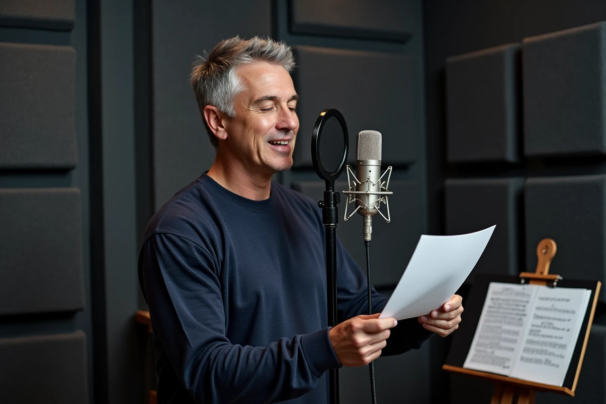 Chanteur masculin en studio d'enregistrement tenant une feuille de paroles devant un microphone à condensateur