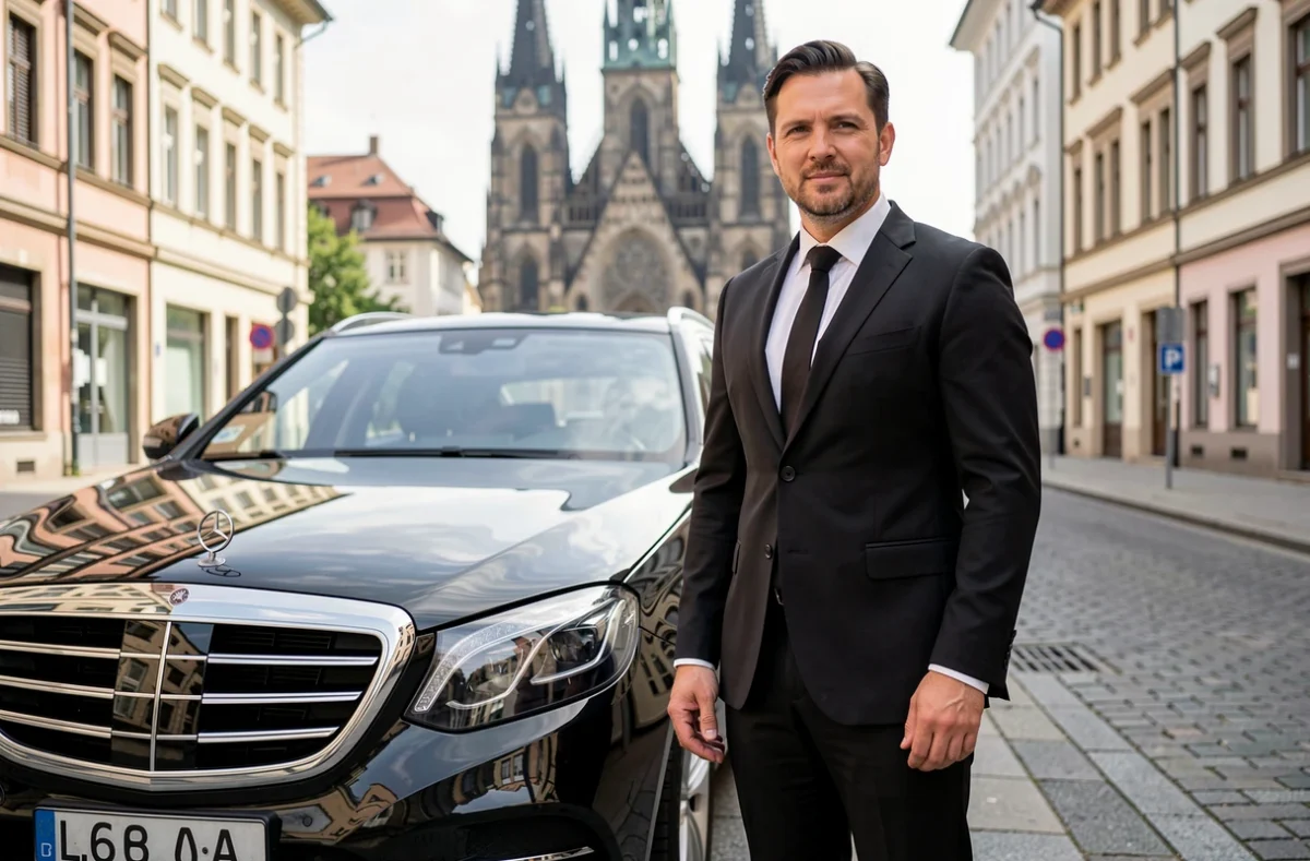 Chauffeur Bannwarth en costume élégant devant une berline noire à Strasbourg