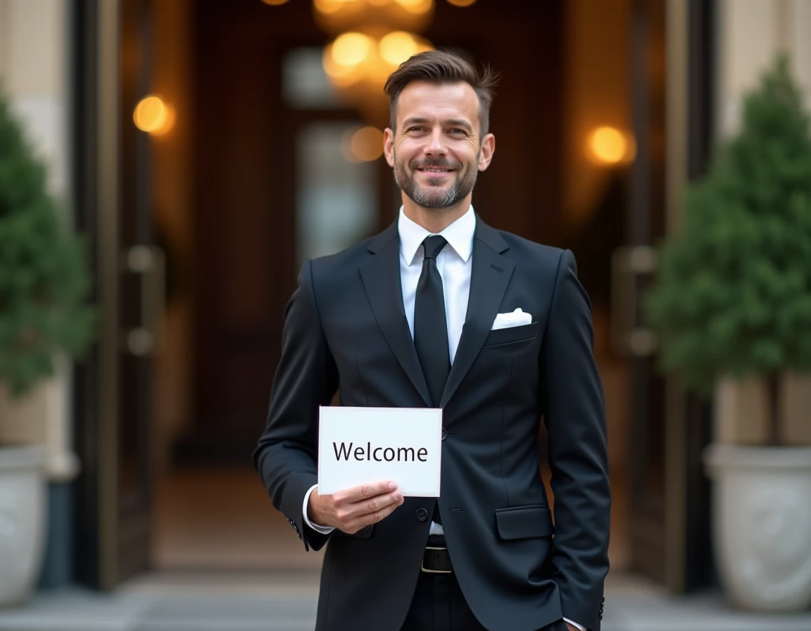 Chauffeur Privé Tours en costume noir devant l'entrée d'un hôtel de luxe à Tours