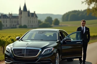 Chauffeur VTC professionnel en costume sombre devant une berline noire dans la région Centre-Val de Loire