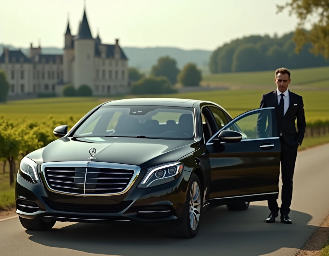Chauffeur VTC professionnel en costume sombre devant une berline noire dans la région Centre-Val de Loire