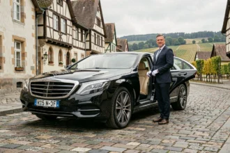 Chauffeur VTC en costume sombre devant une berline noire dans le Grand Est, avec des maisons alsaciennes en arrière-plan
