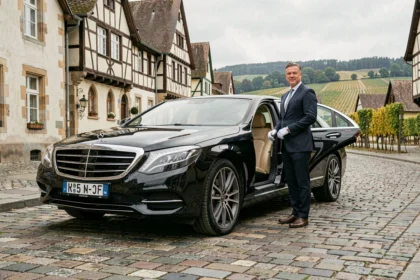 Chauffeur VTC en costume sombre devant une berline noire dans le Grand Est, avec des maisons alsaciennes en arrière-plan