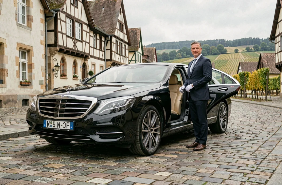 Chauffeur VTC en costume sombre devant une berline noire dans le Grand Est, avec des maisons alsaciennes en arrière-plan