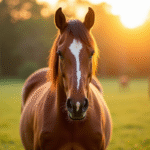 Cheval brun dans une prairie ensoleillee au coucher du soleil
