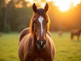 Cheval brun dans une prairie ensoleillee au coucher du soleil