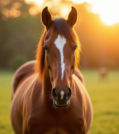 Cheval brun dans une prairie ensoleillee au coucher du soleil