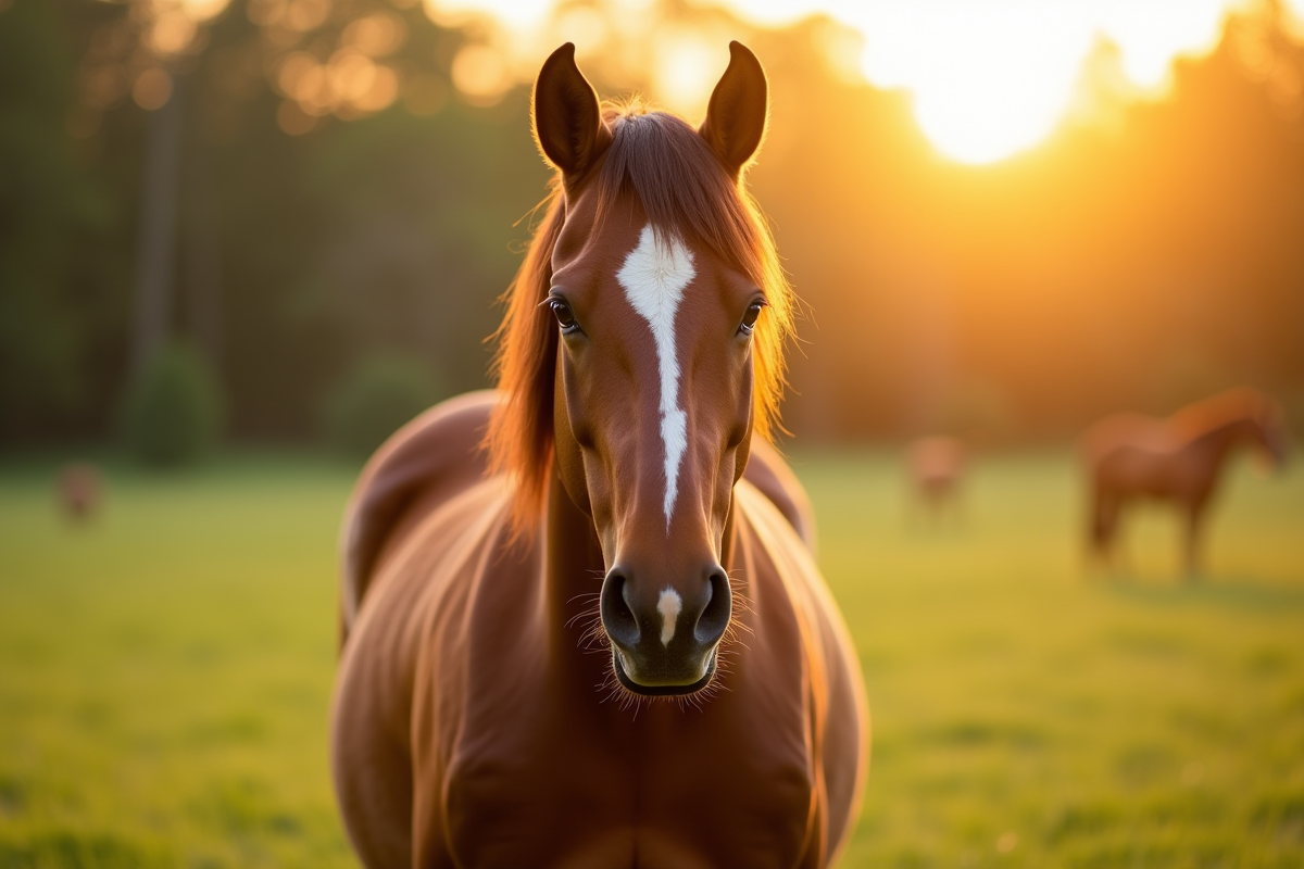 Cheval brun dans une prairie ensoleillee au coucher du soleil