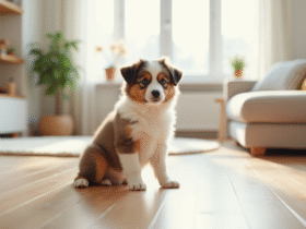 Chiot Australian Shepherd dans un salon lumineux