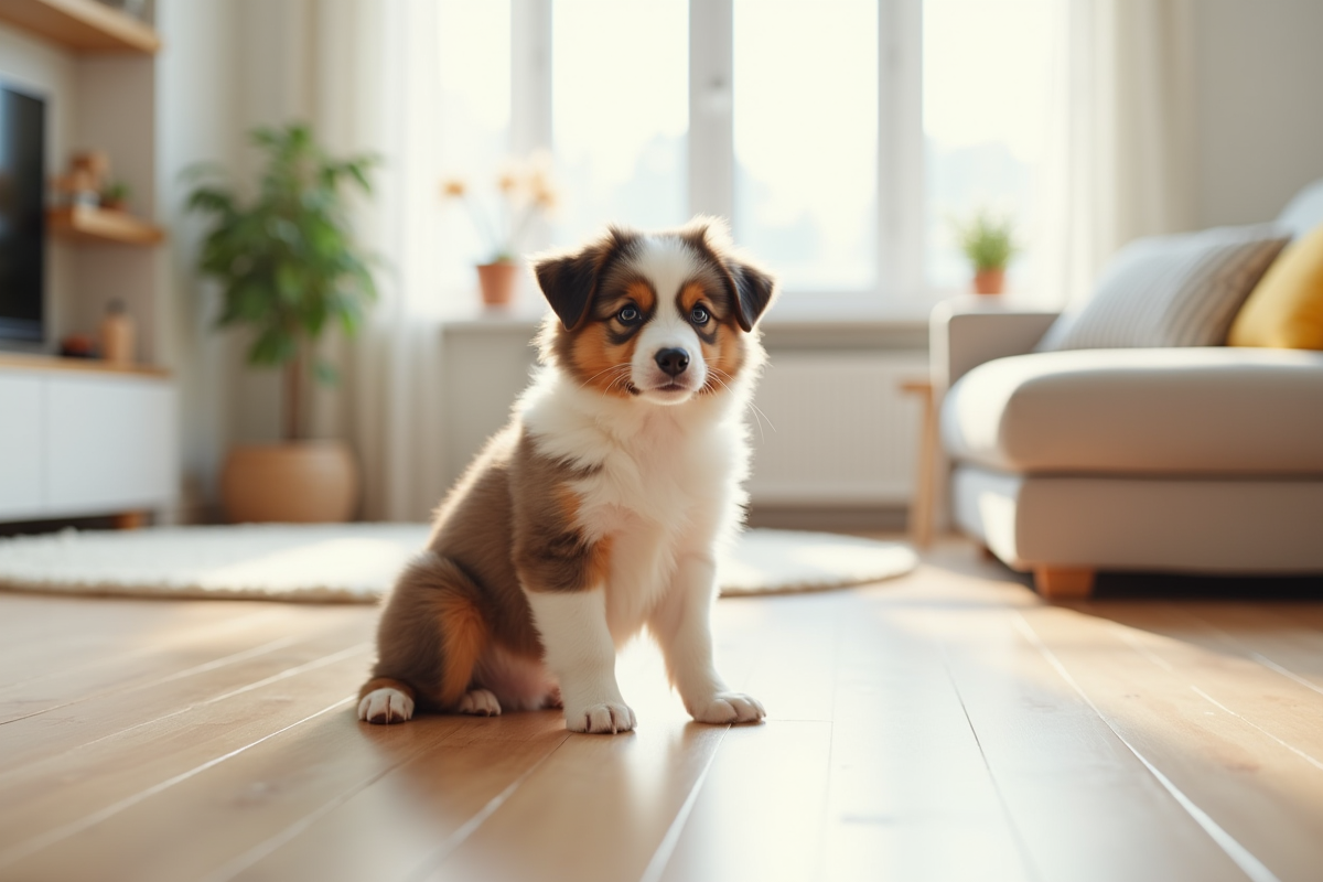 Chiot Australian Shepherd dans un salon lumineux