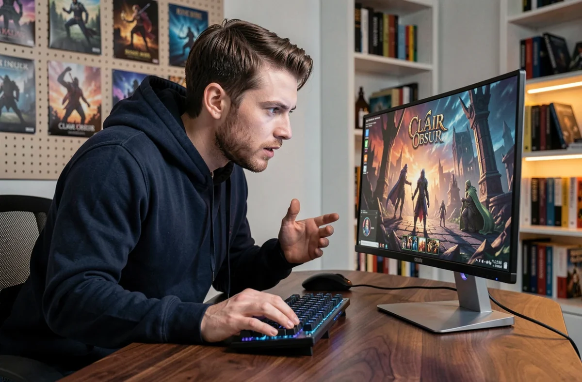 Joueur masculin face à son écran réalisant une erreur dans le jeu Clair Obscur avec une sphère de peinture, dans un bureau gaming moderne