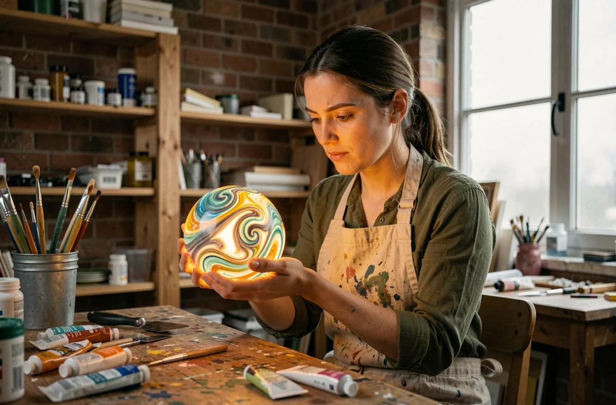 Joueuse concentrée tenant une sphère de peinture lumineuse dans un atelier d'artiste encombré, illustrant les erreurs à éviter dans Clair Obscur