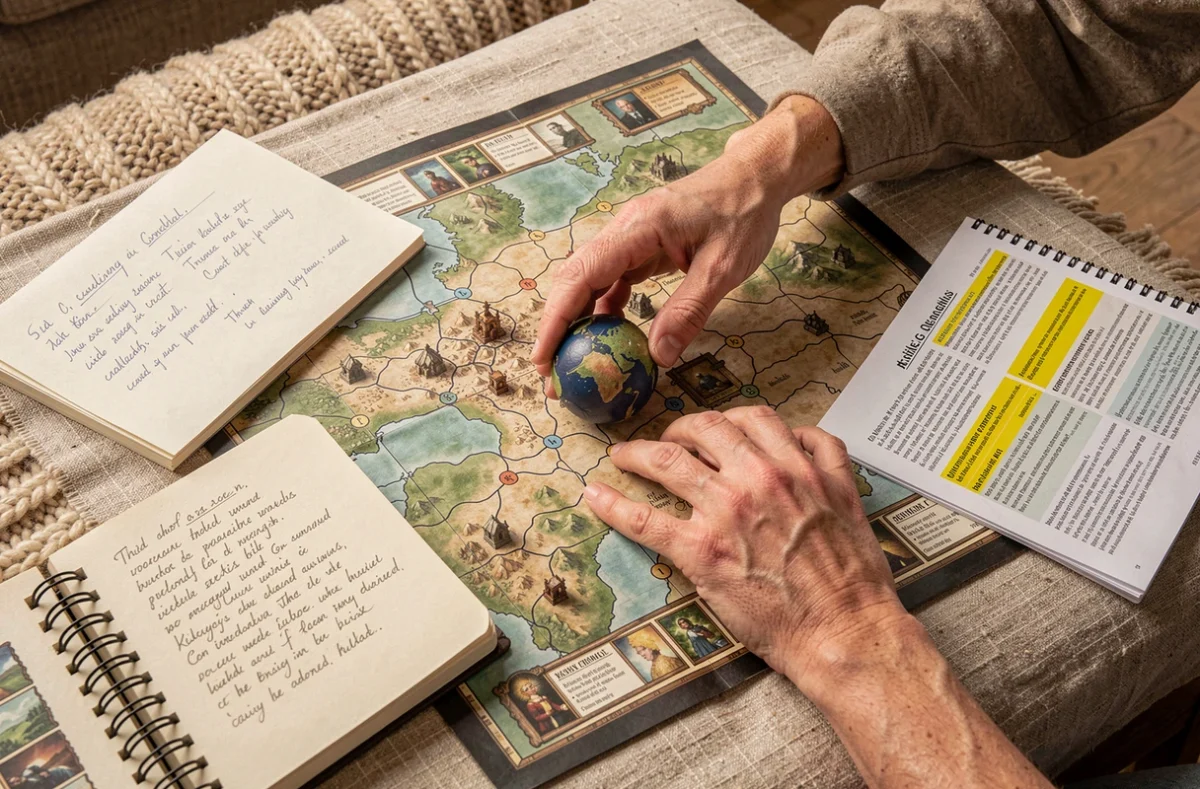 Vue plongeante sur des notes de jeu, une sphère de peinture décorative et un guide stratégique pour éviter les erreurs dans Clair Obscur