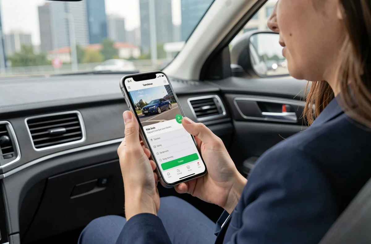 Passagère utilisant l'application Clic-VTC sur smartphone à l'arrière d'une berline noire