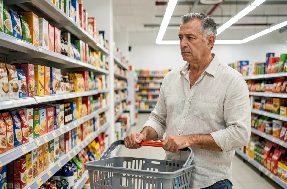 Homme corse d'âge mûr faisant ses courses dans un supermarché, regardant les prix avec attention dans le rayon alimentation
