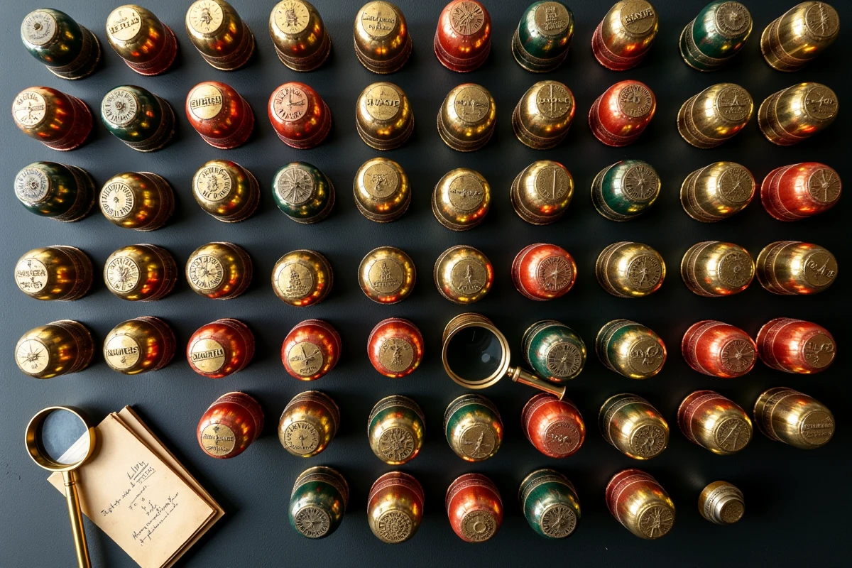 Collection de muselets de champagne vintage et modernes disposés en flat-lay sur ardoise avec loupe et carnet d'inventaire