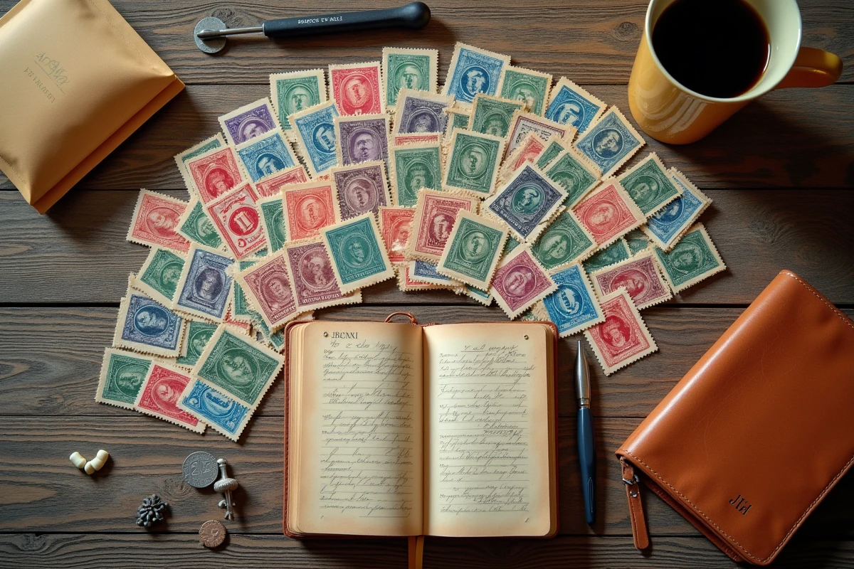 Collection de timbres anciens de différents pays disposés en flat-lay avec un carnet de valuations et des outils de philatéliste