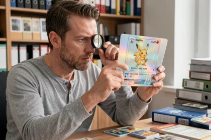 Collectionneur examinant une carte Pokémon holographique rare à la loupe pour détecter un faux