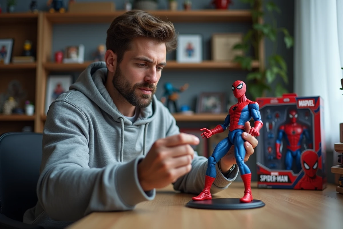 Collectionneur adulte tenant et examinant une figurine articulée Spider-Man dans les mains