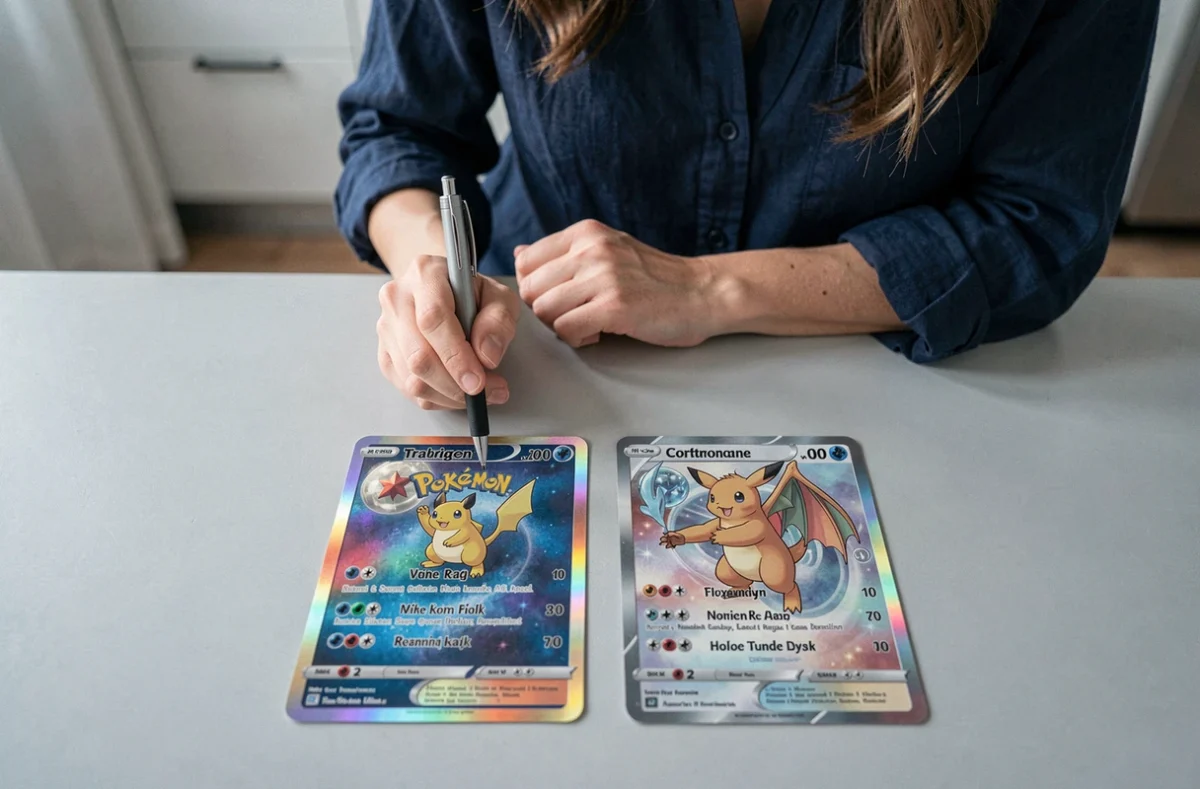 Comparaison côte à côte d'une vraie carte Pokémon et d'un faux pour identifier les différences visuelles