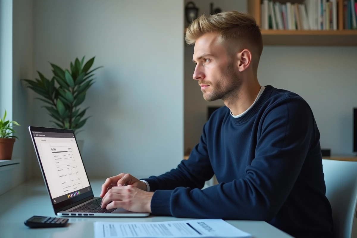 Homme utilisant un outil en ligne de conversion de m² en hectares sur ordinateur portable avec un document immobilier imprimé