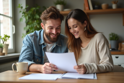 Jeune couple souriant examinant des documents d'adoption