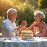 Couple mature souriant lors de leur 22e anniversaire dans un jardin