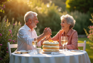 Couple mature souriant lors de leur 22e anniversaire dans un jardin