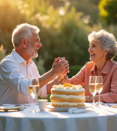 Couple mature souriant lors de leur 22e anniversaire dans un jardin