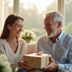 Couple mature échangeant un cadeau dans un salon lumineux