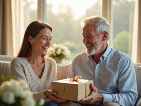Couple mature échangeant un cadeau dans un salon lumineux