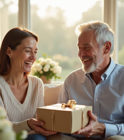 Couple mature échangeant un cadeau dans un salon lumineux