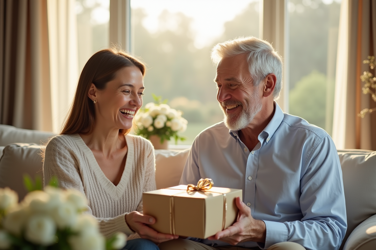 Couple mature échangeant un cadeau dans un salon lumineux