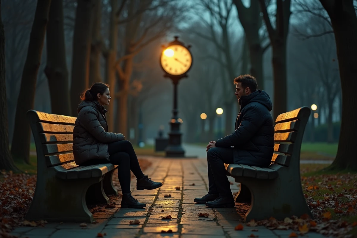 Couple séparé sur un banc de parc la nuit avec une horloge affichant 22h55 symbolisant la crise de la flamme jumelle