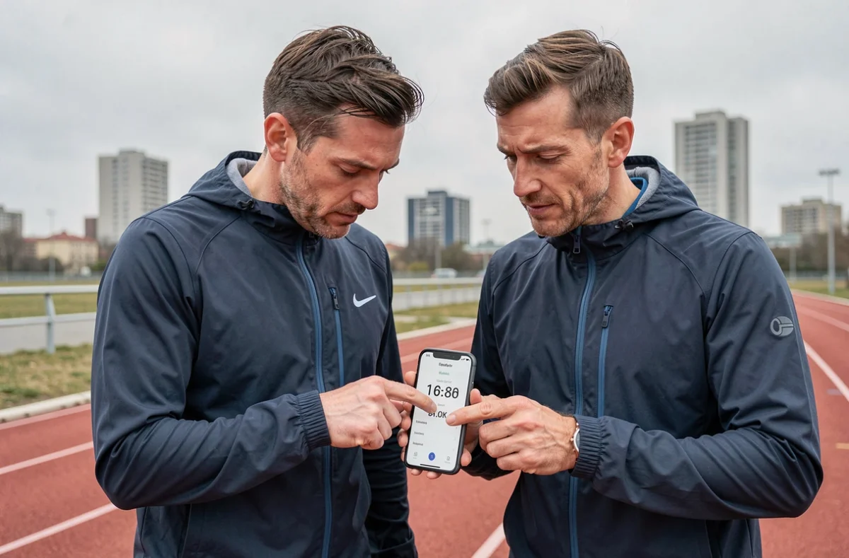 Deux coureurs sur une piste d'athlétisme analysant les données de temps d'entraînement sur une application mobile