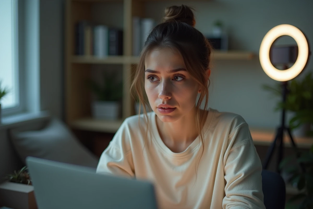 Créatrice de contenu émue devant son ordinateur, évoquant la santé mentale dans ses vidéos en ligne