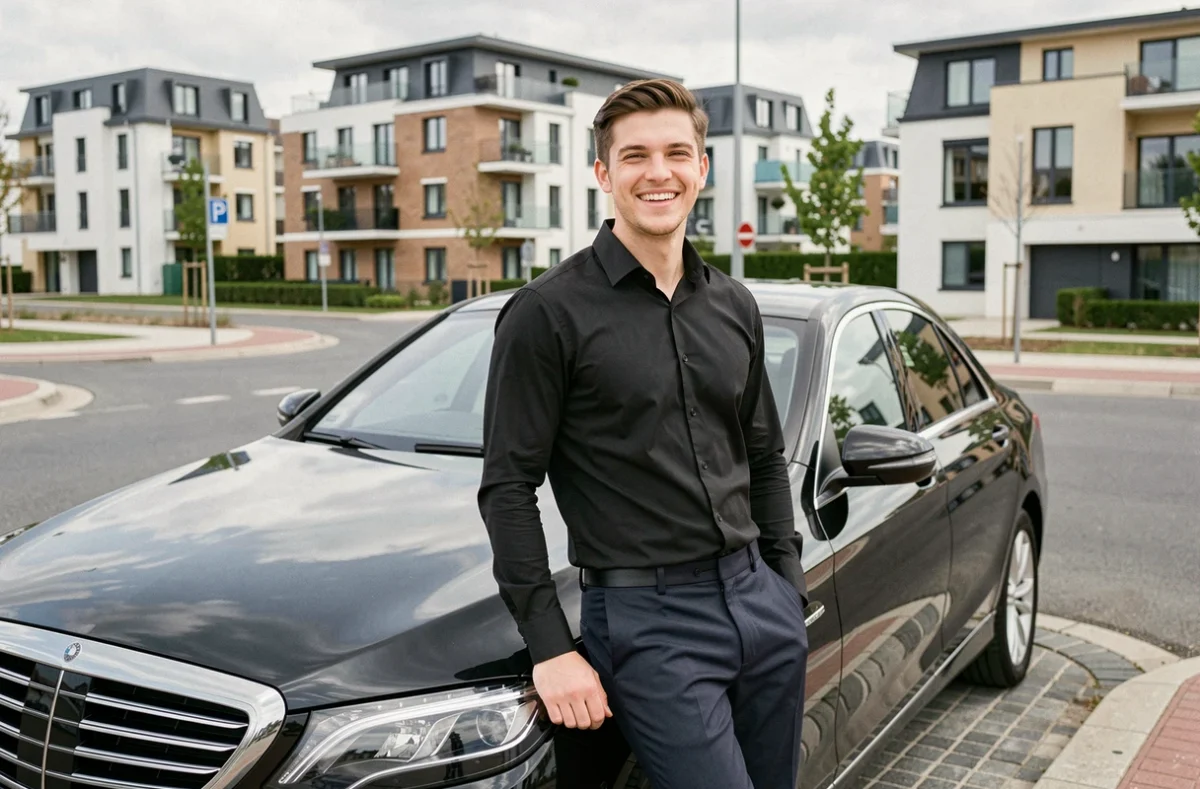 Davy Ferrer, chauffeur VTC souriant en tenue noire appuyé contre sa berline dans un cadre urbain moderne