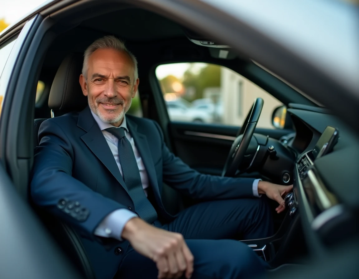 De Castro Eugenio, chauffeur VTC, assis dans sa berline noire haut de gamme dans le Val de Loire